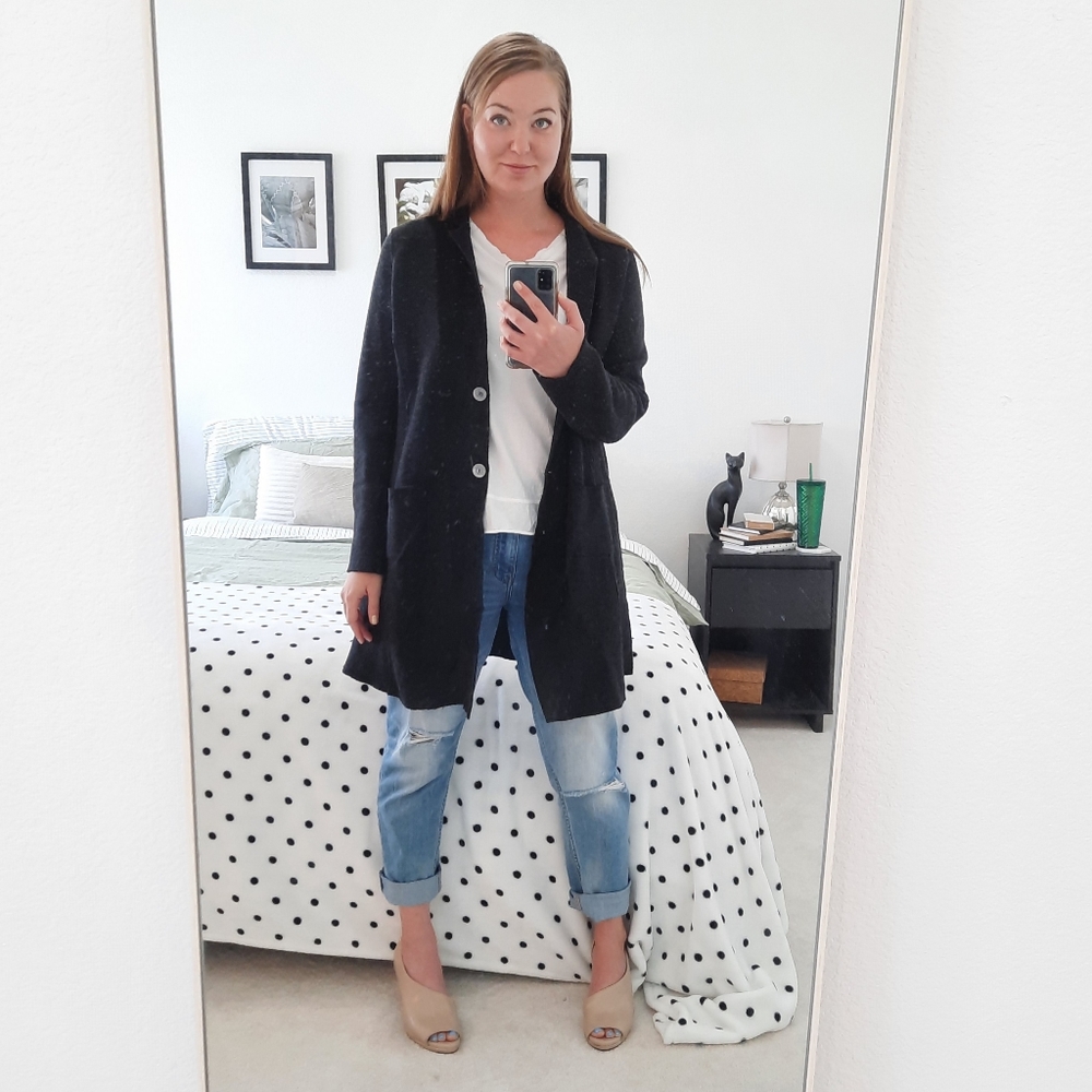 Eileen Fisher Merino Wool and Lamb Leather Sweater Jacket XL